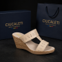 Papuci damă bej din piele naturală perforată cu talpă pană PAP46BX